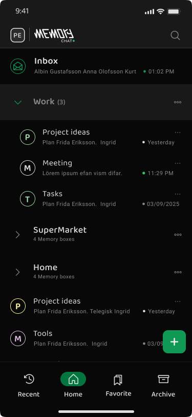 Memory Chat app interface showing Memory Boxes